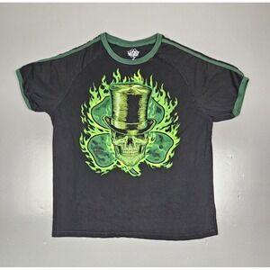 Shamrock Skull T-Shirt Mens‎ XL. Y2K Lucky 4 Leaf Clover Irish St Patrick's Day